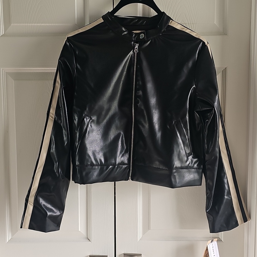 NWT Democracy Faux Leather Biker Jacket Retro Y2K Large Black/Cream - Picture 4 of 15
